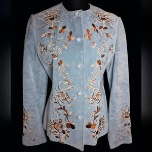Bernardo Light Blue Suede Jacket with Brown Floral Embroidery